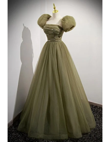 Green Tulle Long Modest Prom Dress with Removable Sleeves