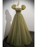 Green Tulle Long Modest Prom Dress with Removable Sleeves
