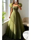 Green Tulle Long Modest Prom Dress with Removable Sleeves