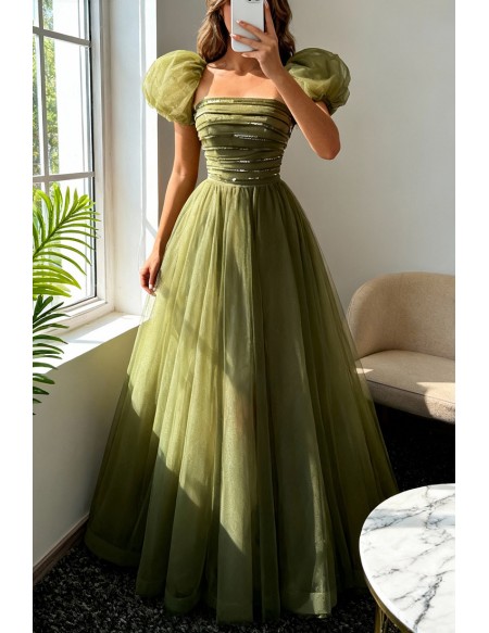 Green Tulle Long Modest Prom Dress with Removable Sleeves