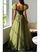Green Tulle Long Modest Prom Dress with Removable Sleeves