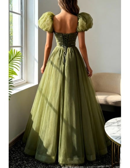 Green Tulle Long Modest Prom Dress with Removable Sleeves