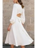 Simple Ivory Satin Tea Length Wedding Dress With Puffed Sleeves