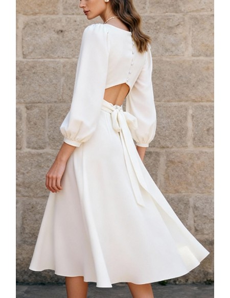 Simple Ivory Satin Tea Length Wedding Dress With Puffed Sleeves
