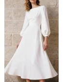 Simple Ivory Satin Tea Length Wedding Dress With Puffed Sleeves