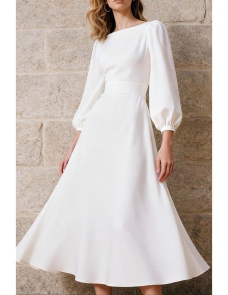 Simple Ivory Satin Tea Length Wedding Dress With Puffed Sleeves