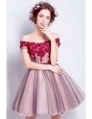Lovely A-line Off-the-shoulder Short Tulle Formal Dress With Flowers