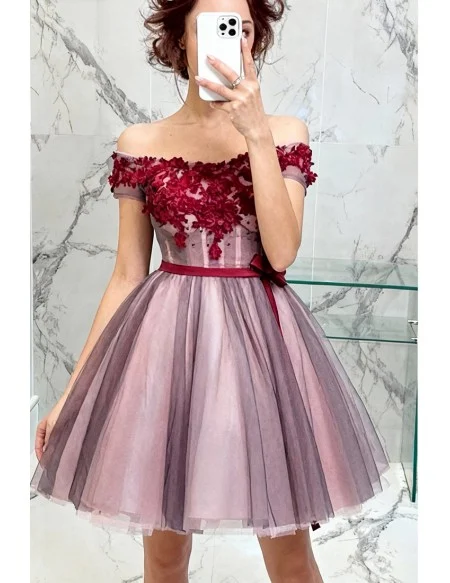 Lovely A-line Off-the-shoulder Short Tulle Formal Dress With Flowers