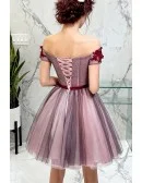 Lovely A-line Off-the-shoulder Short Tulle Formal Dress With Flowers