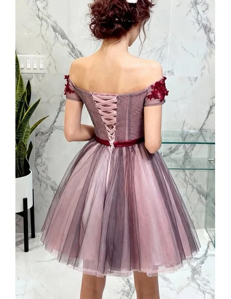 Lovely A-line Off-the-shoulder Short Tulle Formal Dress With Flowers
