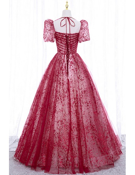 Burgundy Flowy Long Tulle Prom Dress With Sleeves
