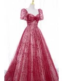 Burgundy Flowy Long Tulle Prom Dress With Sleeves