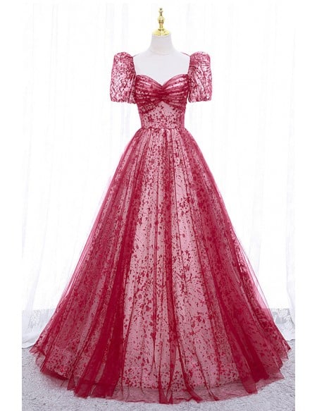 Burgundy Flowy Long Tulle Prom Dress With Sleeves
