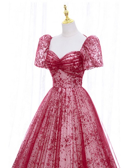 Burgundy Flowy Long Tulle Prom Dress With Sleeves