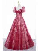 Burgundy Flowy Long Tulle Prom Dress With Sleeves