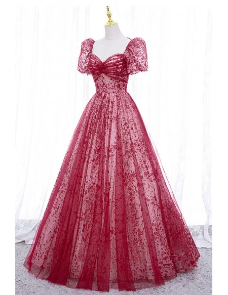 Burgundy Flowy Long Tulle Prom Dress With Sleeves