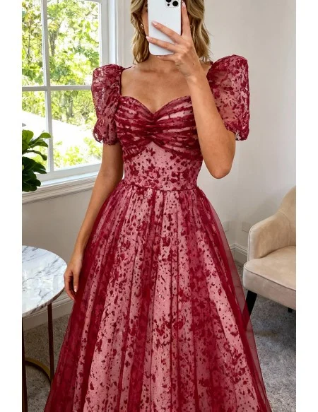 Burgundy Flowy Long Tulle Prom Dress With Sleeves