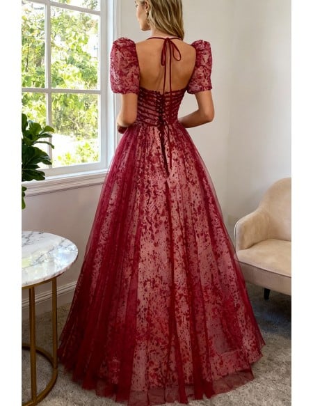 Burgundy Flowy Long Tulle Prom Dress With Sleeves
