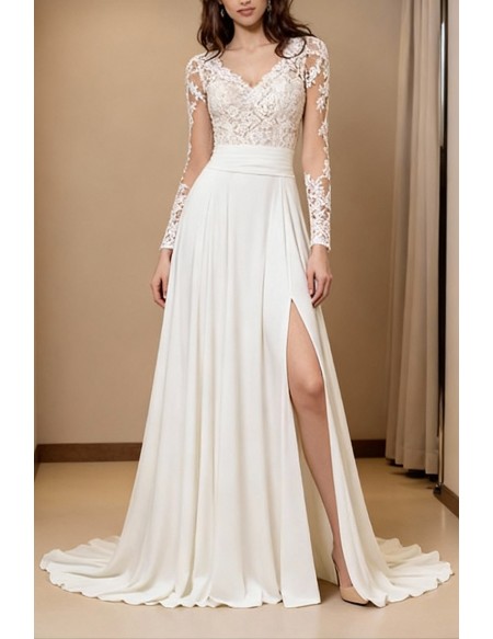 Bohemian Inspired White Lace Wedding Dress With Spaghetti Straps And V-Neckline