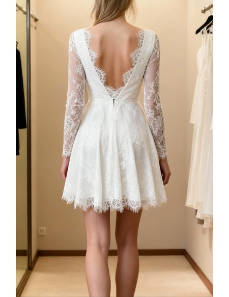 Ivory Lace Overlay Short Wedding Dress Featuring V Neckline And Long Sleeves