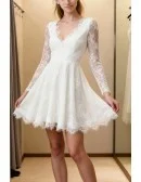 Ivory Lace Overlay Short Wedding Dress Featuring V Neckline And Long Sleeves