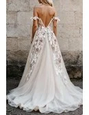 Unique Champagne Tulle Off Shoulder Wedding Gown Featuring Lace Appliques