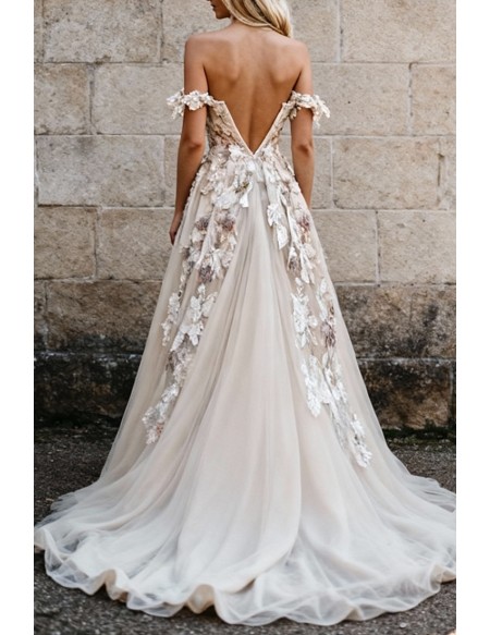 Unique Champagne Tulle Off Shoulder Wedding Gown Featuring Lace Appliques
