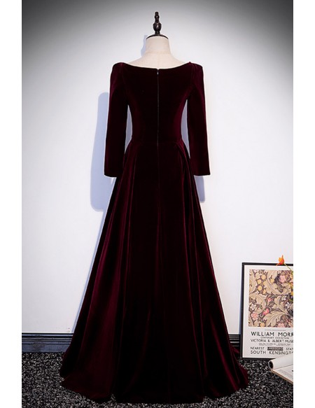 Simple Long Sleeved Velvet Long Formal Dress with Square Neckline