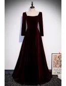 Simple Long Sleeved Velvet Long Formal Dress with Square Neckline