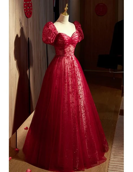 Gorgeous Sweetheart Burgundy Long Tulle Prom Dress With Bubble Sleeves