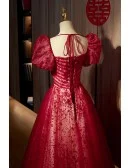 Gorgeous Sweetheart Burgundy Long Tulle Prom Dress With Bubble Sleeves