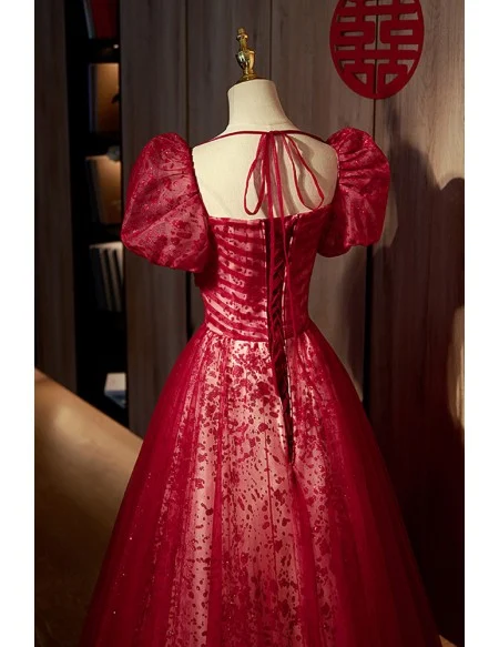 Gorgeous Sweetheart Burgundy Long Tulle Prom Dress With Bubble Sleeves