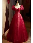 Gorgeous Sweetheart Burgundy Long Tulle Prom Dress With Bubble Sleeves
