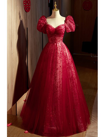 Gorgeous Sweetheart Burgundy Long Tulle Prom Dress With Bubble Sleeves