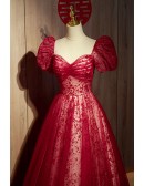 Gorgeous Sweetheart Burgundy Long Tulle Prom Dress With Bubble Sleeves