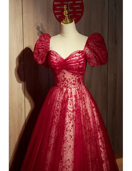 Gorgeous Sweetheart Burgundy Long Tulle Prom Dress With Bubble Sleeves