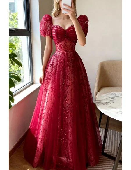 Gorgeous Sweetheart Burgundy Long Tulle Prom Dress With Bubble Sleeves