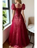 Gorgeous Sweetheart Burgundy Long Tulle Prom Dress With Bubble Sleeves