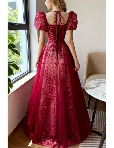 Gorgeous Sweetheart Burgundy Long Tulle Prom Dress With Bubble Sleeves