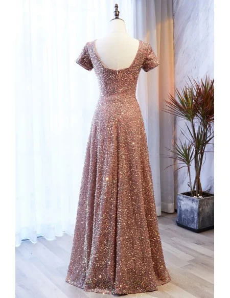 Modest Sequined Champagne Long Formal Dress With Square Neckline