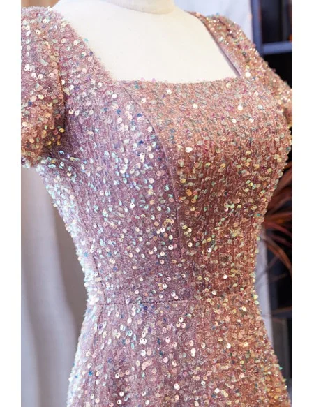 Modest Sequined Champagne Long Formal Dress With Square Neckline