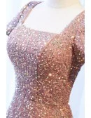 Modest Sequined Champagne Long Formal Dress With Square Neckline