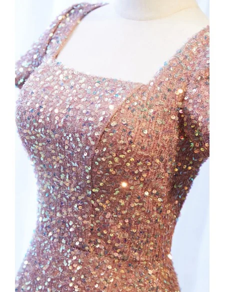 Modest Sequined Champagne Long Formal Dress With Square Neckline
