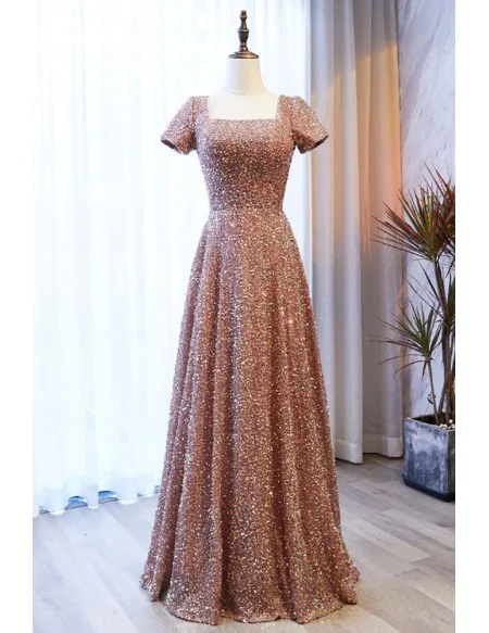 Modest Sequined Champagne Long Formal Dress With Square Neckline