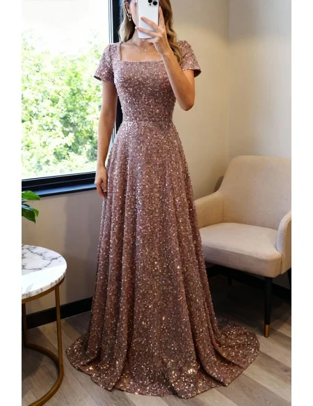 Modest Sequined Champagne Long Formal Dress With Square Neckline