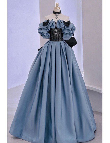 Blue Formal Long Off Shoulder Gothic Prom Dress With Big Bow