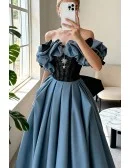 Blue Formal Long Off Shoulder Gothic Prom Dress With Big Bow