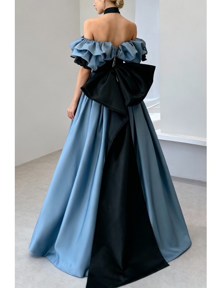 Blue Formal Long Off Shoulder Gothic Prom Dress With Big Bow