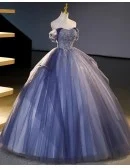 Fantasy Bling Blue Ballgown Tulle Prom Dress Off Shoulder