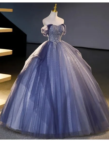 Fantasy Bling Blue Ballgown Tulle Prom Dress Off Shoulder